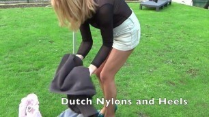 Outdoor teasing Dutch Nylons and Heels