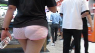 PAWG wearing sexy see-thru butt-hugger shorts in mall