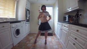Skinny Tart Dancing Striptease in school uniform