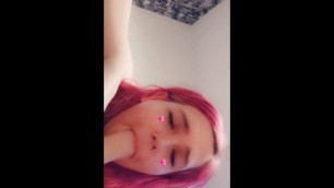 Pink Haired SLUT Sucks Dildo while Pleasured from BEHIND ????